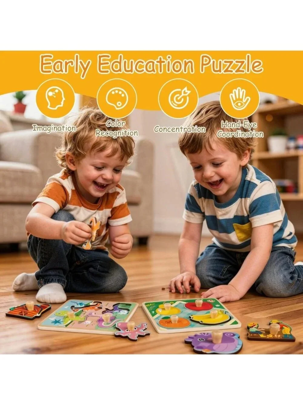 Eco-Friendly Wooden Toddler Puzzles - 4 Animal Jigsaw Sets for Fine Motor Skills